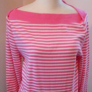 Chap's Women's Petite Pink & White Striped Long Sleeve Boat Neck Pullover Top-PL
